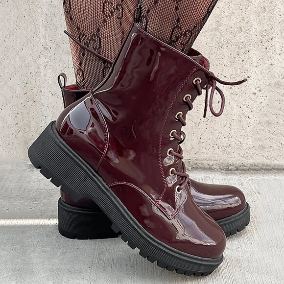New Burgundy Wine Lace-Up Military Combat Moto Boots Ankle Booties Lug Platform - Picture 1 of 5